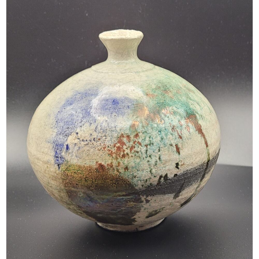 Art Pottery Art Splash Raku Crackle Glaze Ceam bronze purple green round vase
